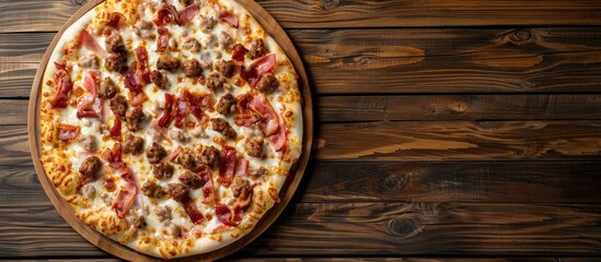 Top view of a homemade meat lovers pizza featuring bacon, sausage, and mozzarella cheese on a wooden table with copy space image.