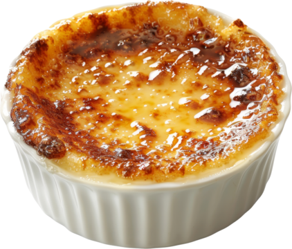 Delicious creme brulee with caramelized sugar crust in a white ramekin, perfect for dessert lovers and culinary enthusiasts.