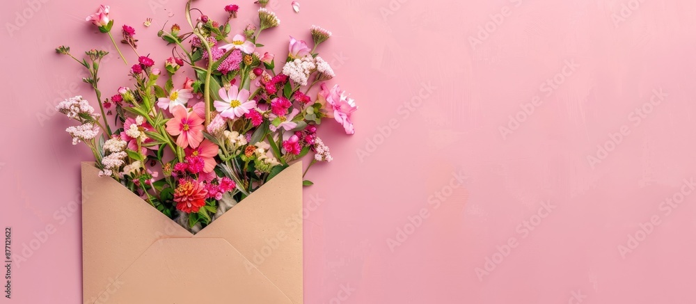 Poster top view of an envelope adorned with flowers, ideal for writing a heartfelt message on international