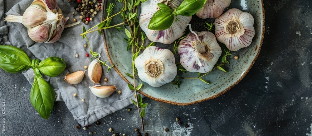 Poster culinary scene with garlic bulbs and fresh herbs arranged on a ceramic plate. view from above with c