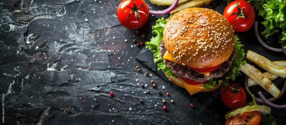 Poster classic american hamburger featuring meat, cheese, and assorted veggies on a dark rustic backdrop wi
