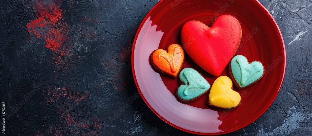Poster heart-shaped colorful cookies on a red plate with copy space image.