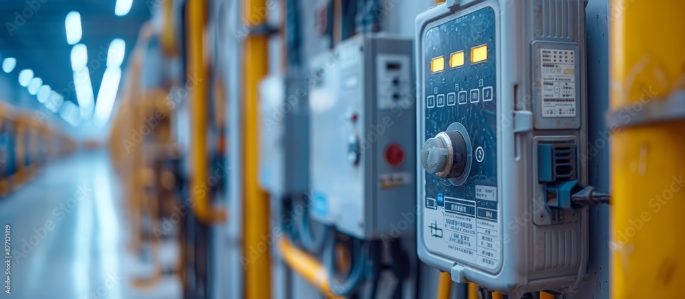 Poster industrial control panel in factory setting. an industrial control panel with illuminated buttons an