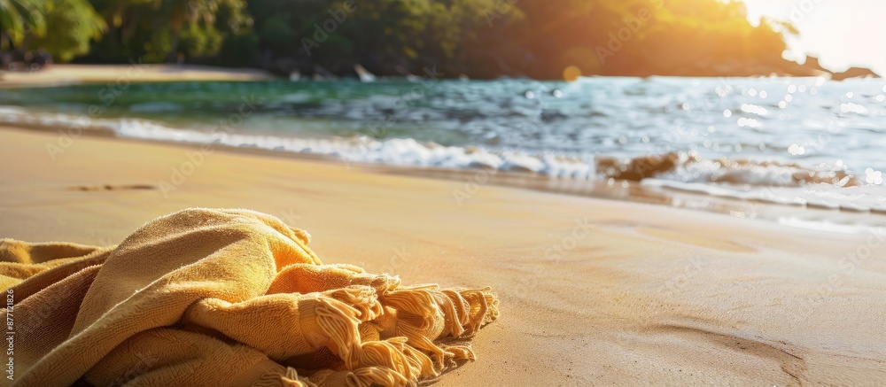 Poster empty beach towel on sunny summer day with copy space image.