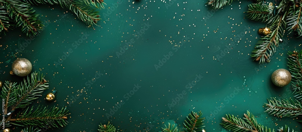 Poster a vibrant green background featuring fir branches adorned with golden and silver ornaments, perfect 