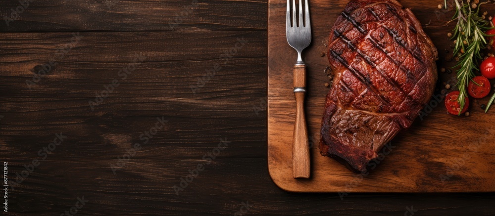 Poster A top-down view of a fork holding a grilled ribeye beef steak on an aged table with a blank space for your text in the image