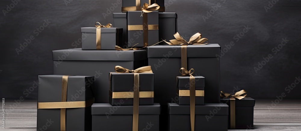 Fototapete Assorted black gift boxes of different sizes stacked together, creating a festive Christmas-themed arrangement with empty space for text or graphics