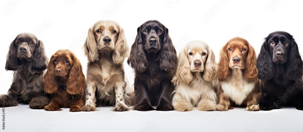 Poster arrange english cocker spaniels and american cocker spaniel dogs in front of a white background for 