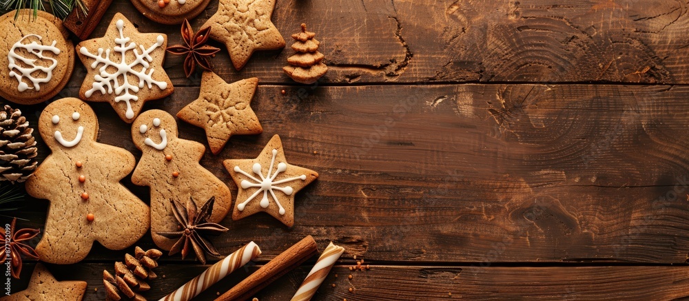 Aufkleber composition of christmas cookies on a wooden table with text space image.