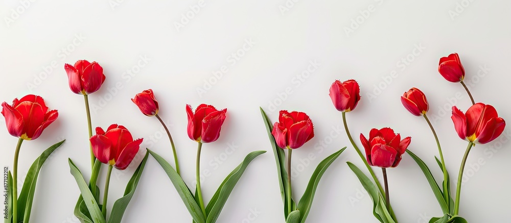 Poster Top-down view of lovely red tulips set against a white backdrop, ideal for showcasing text. Displayed flat with room for additional content.
