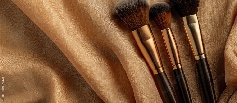 Poster Makeup brushes displayed on a beige fabric background with copy space image for custom designs, websites, and advertisements.