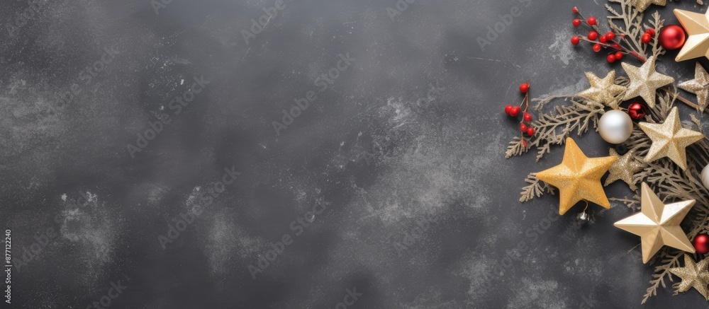 Poster top view of christmas decorations on a concrete background, with space for adding images or text.