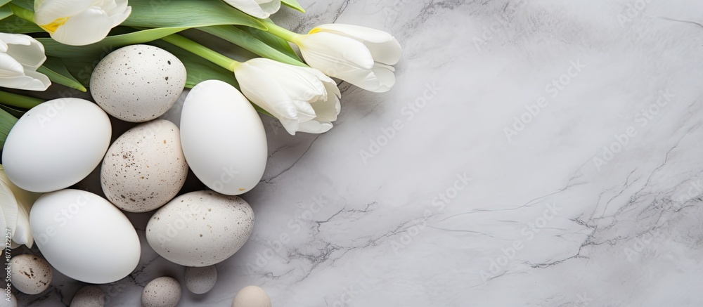 Aufkleber spring and easter theme displayed with gorgeous white tulips, vibrant quail eggs nestled in a nest, 