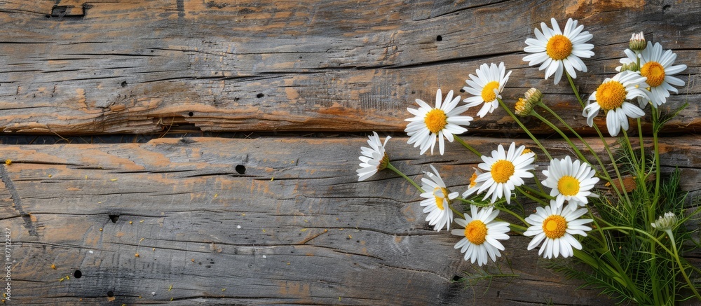 Poster View from the top of a wooden table with a bouquet of chamomile flowers, featuring selective focus and a clear background for adding text or other elements - copy space image.