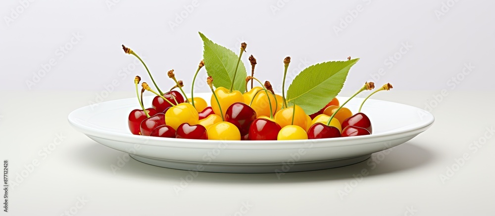Poster fresh multicolored cherries with green leaves create a minimalist style with red and yellow berries 