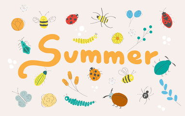 Summer sign with bugs, insects and summer flowers, hand drawn, vintage vibe, children, cute.
