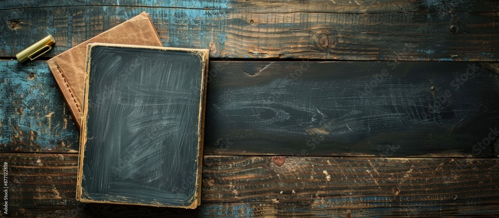 Poster rustic setup featuring a blank blackboard with space for text in a top-down view for placing your me