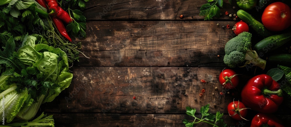 Poster A variety of fresh vegetables displayed on a dark wooden surface with ample space for additional content or text insertion in the image.
