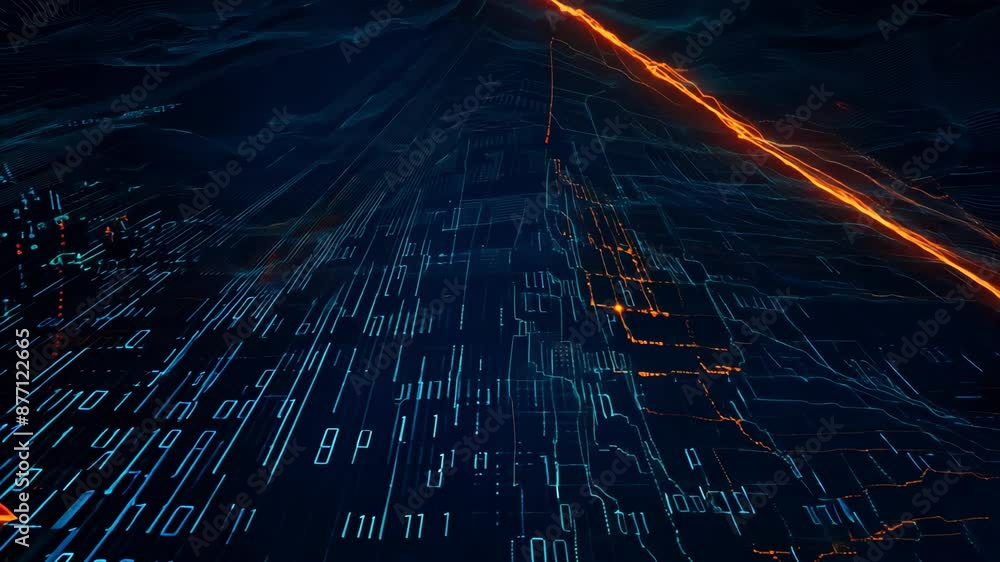 Poster footage with a digital high-tech matrix, an image of a binary code in blue and orange neon tones