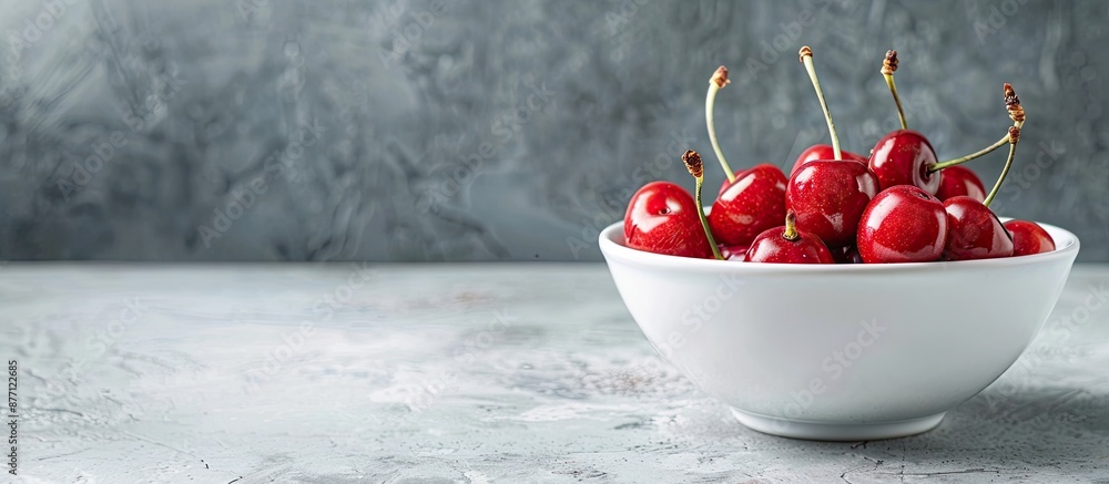 Poster a white bowl filled with deep red sweet cherries is placed on a white stone table, with a side view 