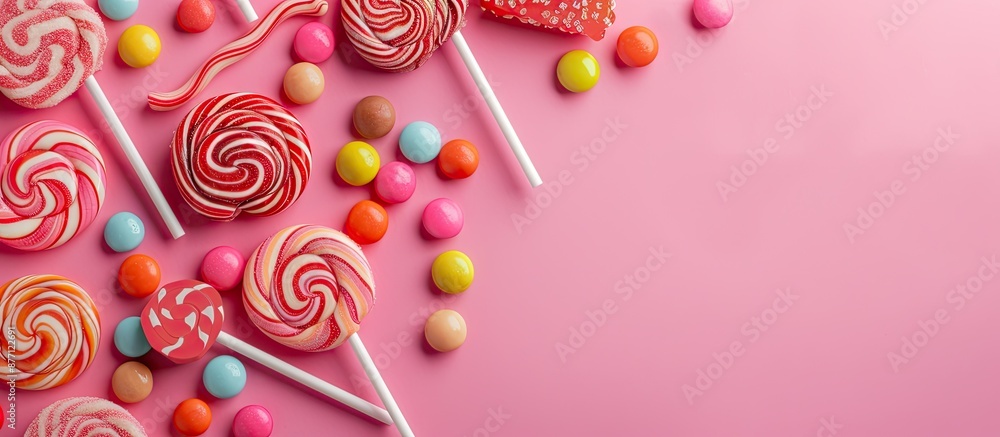 Poster Top view image of colorful candies and lollipops on a pink background with ample copy space.