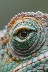 Naklejka premium A tight shot of a green-orange chameleon's eye, surrounded by a hazy background