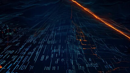 Footage with a digital high-tech matrix, an image of a binary code in blue and orange neon tones - Powered by Adobe