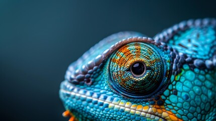 Fototapeta premium A tight shot of a Chameleon's face, sporting a blue hue Its body bears intricate yellow and orange patterns