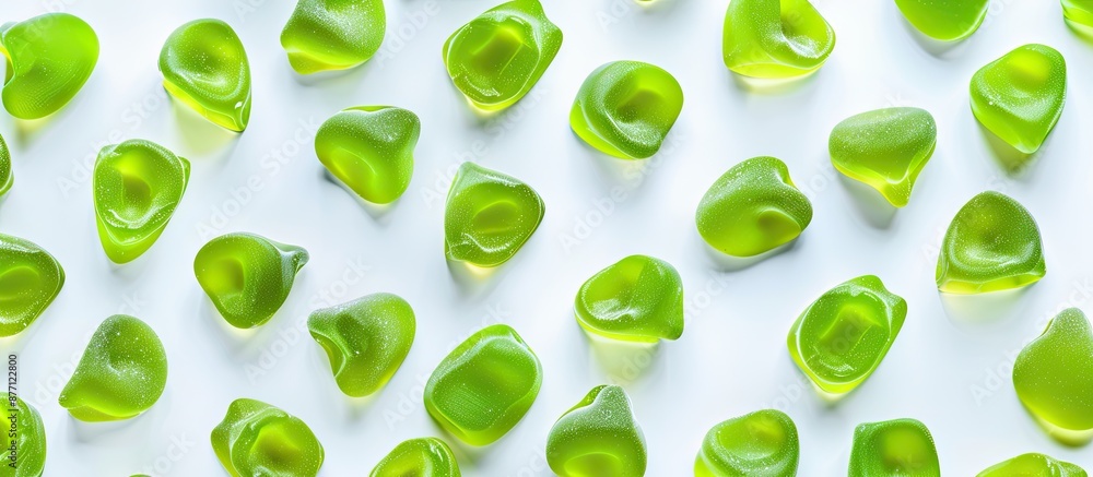 Poster An array of green gummy candies presented in a frame on a white background in a top-down perspective offers room for text or design in the copy space image.