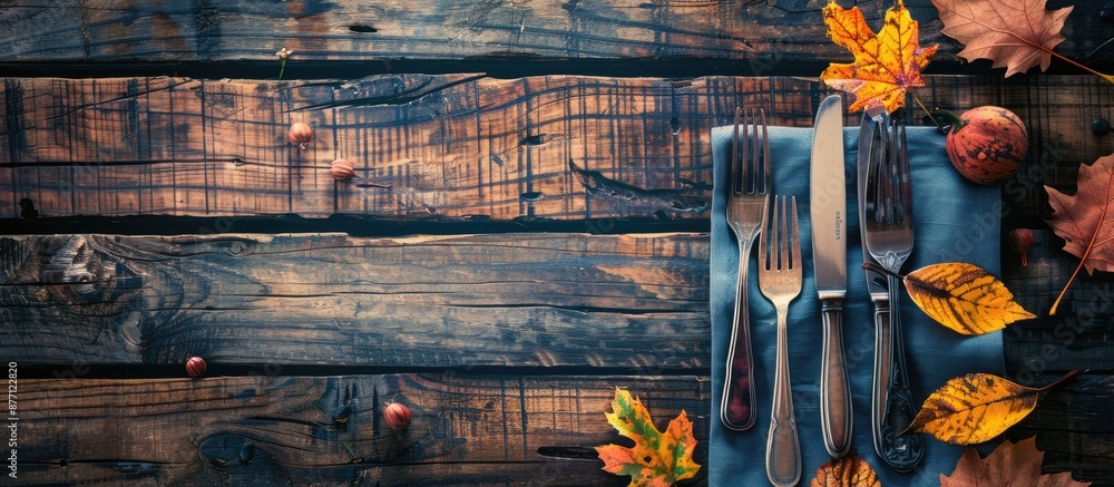 Aufkleber Rustic autumn-themed table setting for Thanksgiving with cutlery, leaves on wooden table. Top view with ample copy space image for text.