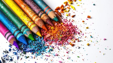 A collection of colorful art supplies arranged on a white background