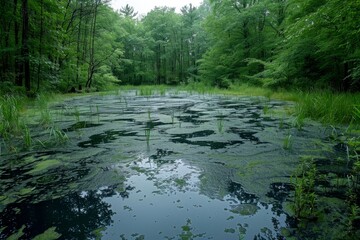 Obraz premium Murky, polluted water in lakes and rivers; algae blooms.