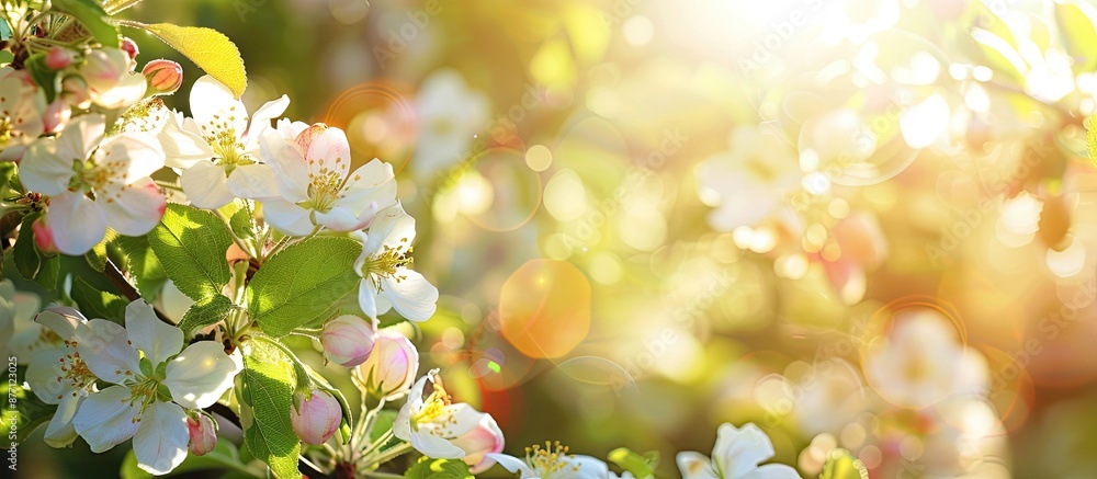 Poster a stunning apple tree branch with white blossoms basks in the sunlight during spring, creating a ser