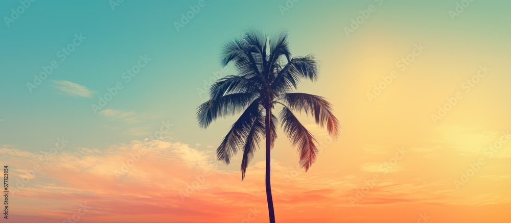 Aufkleber silhouette of a tropical palm tree against a sunset sky with a cloudy abstract background creates a 