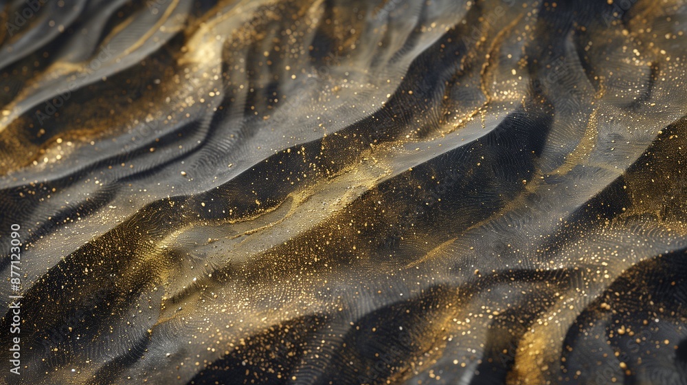 Poster dark undulating surface with golden specks texture background image. wave-like formations photo back