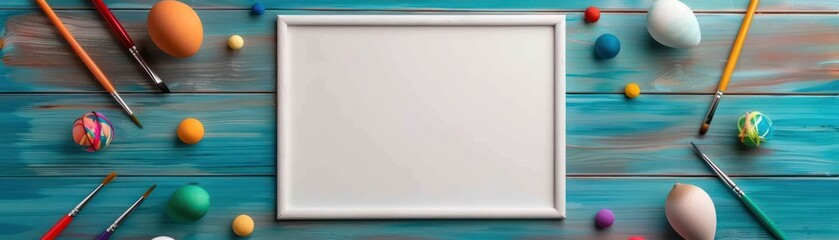 Naklejka premium Blank Canvas with Assorted Materials for Artistic Expression, Ready for Your Creative Vision A white canvas is framed against a blue wood background, surrounded by paintbrushes, colorful eggs, and
