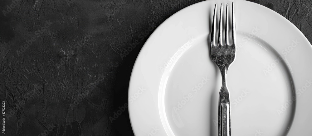 Poster monochrome image of a fork on a plate with copy space image available.