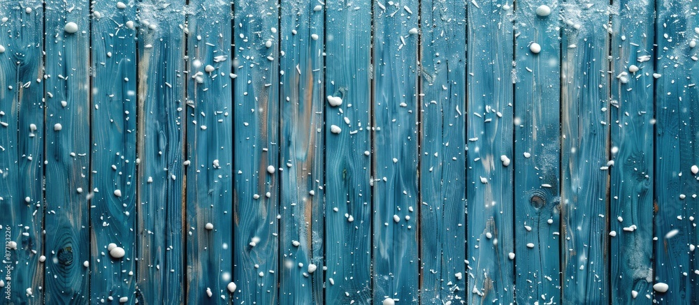 Poster christmas-themed background featuring blue wooden texture with snow, ideal for adding text or images