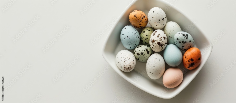 Poster colorful quail eggs displayed in a small container against a white backdrop, embodying an easter the
