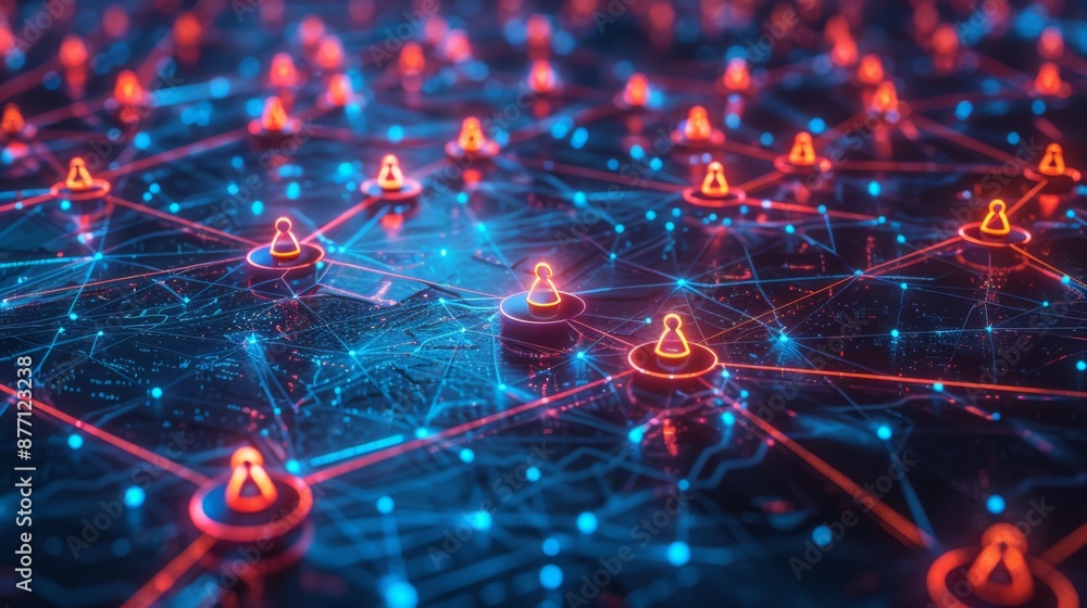 Poster neon illustration of abstract representation of interconnected nodes or lines symbolizing diverse le