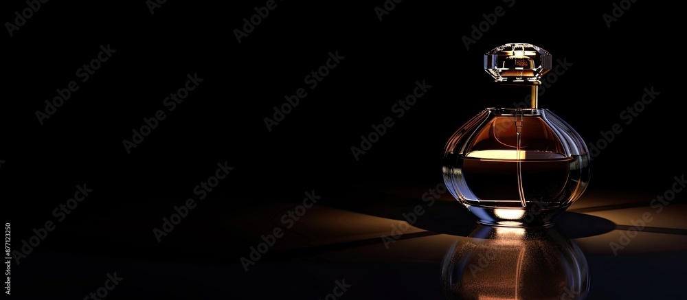 Poster a perfume bottle reflecting light in the dark with space for text or image insertion.