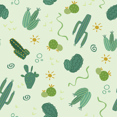 Seamless pattern of cute hand drawn cactus, succulents, repeating pattern texture background design
