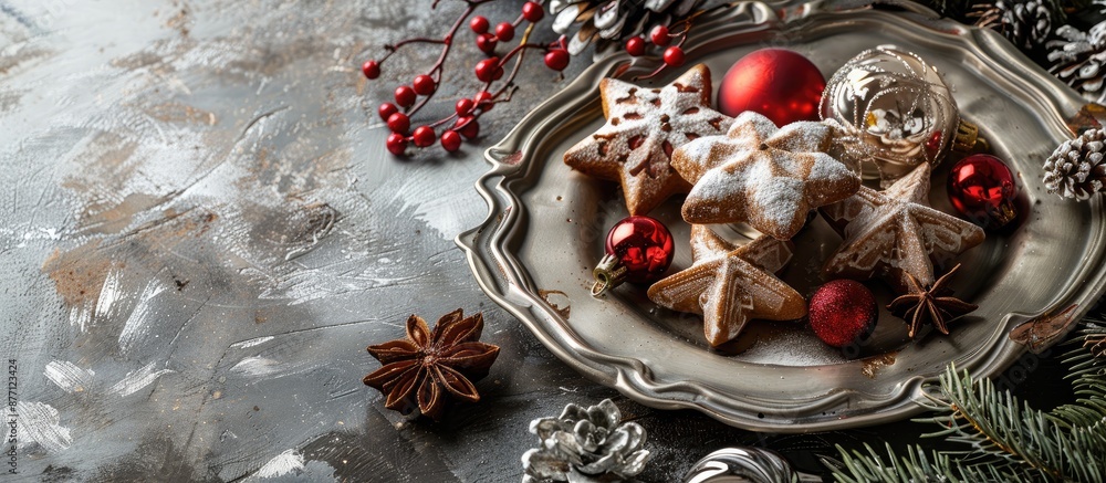 Poster Christmas-themed objects displayed on a silver plate with copy space image.