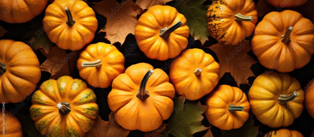 Fototapete top view of pumpkins on an autumn-themed background suitable for text with copy space image.