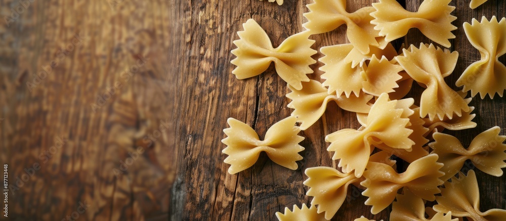 Poster Top-down view of bow tie pasta on a wooden surface, featuring a background with enough space for additional content or imagery.