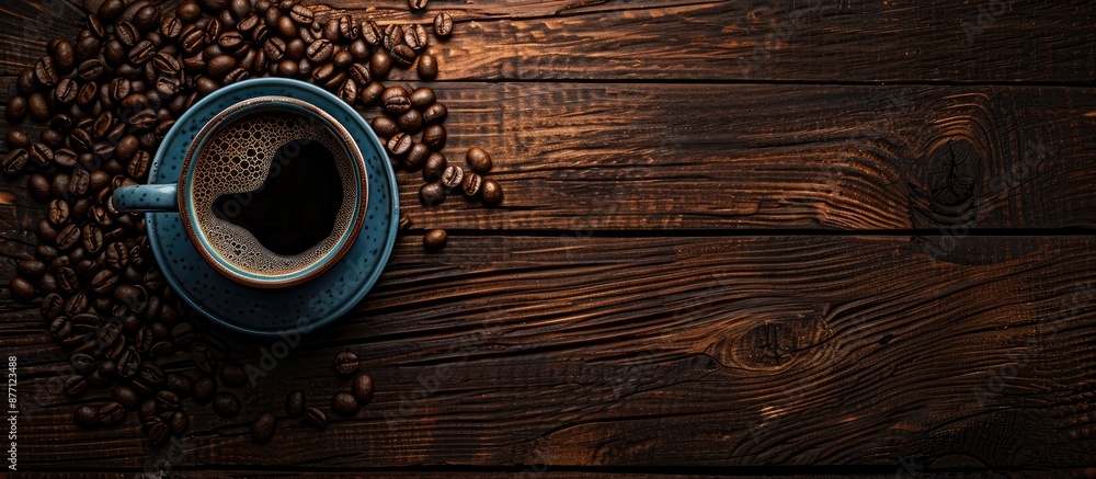 Aufkleber top view of coffee cup and coffee beans arranged on a wooden background, providing a visually appeal