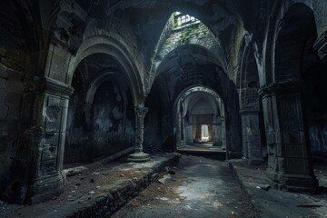 Exploring the eerie and mysterious interior of an abandoned, dilapidated church with gothic architecture, overgrown with vegetation, and filled with haunting, spooky atmosphere