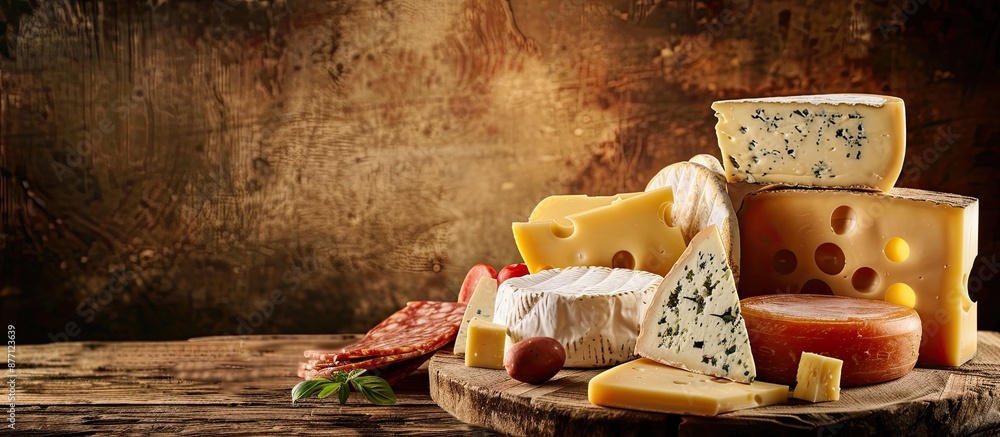 Poster Various types of cheeses for antipasto or aperitif, displayed on a rustic table with a food background and space for copy image.