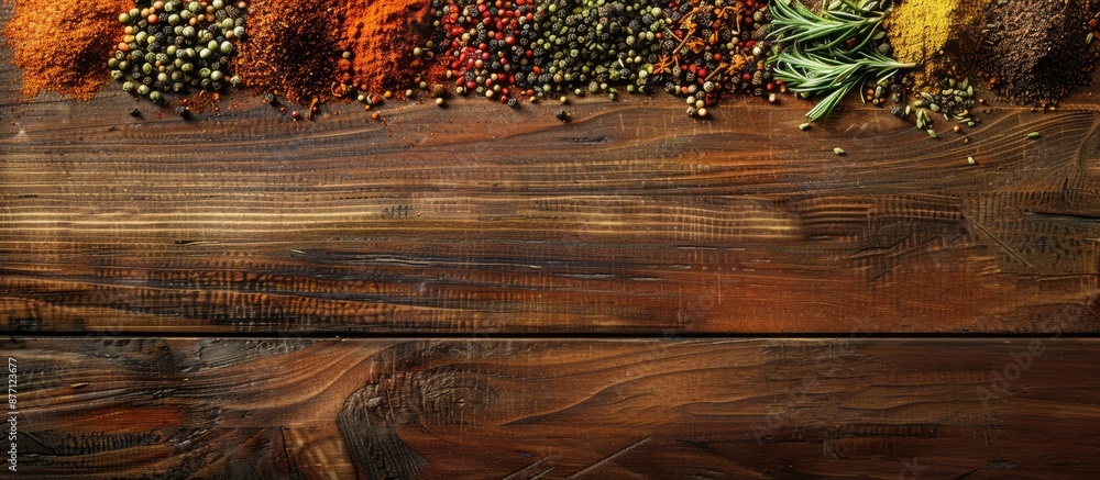 Poster Top view of a wooden table displaying an array of vibrant spices with a blank space for an image.