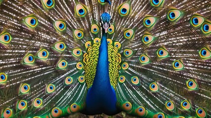 Obraz premium A close-up of a peacock's spread-out tail with feathers fully fanned